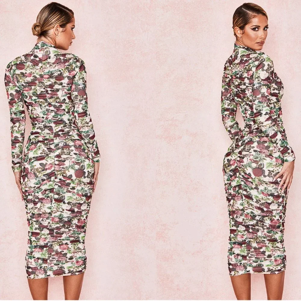 HOUSE OF CB 'Roseanne' Vintage Floral Ruched Midi Dress NWOT - Picture 5 of 5